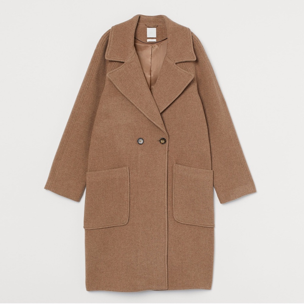 H&M Oversized Double-Breasted Wool Blend Coat in Camel Brown Size Small